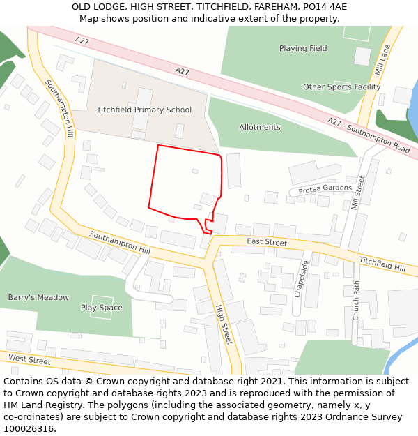 OLD LODGE, HIGH STREET, TITCHFIELD, FAREHAM, PO14 4AE: Location map and indicative extent of plot