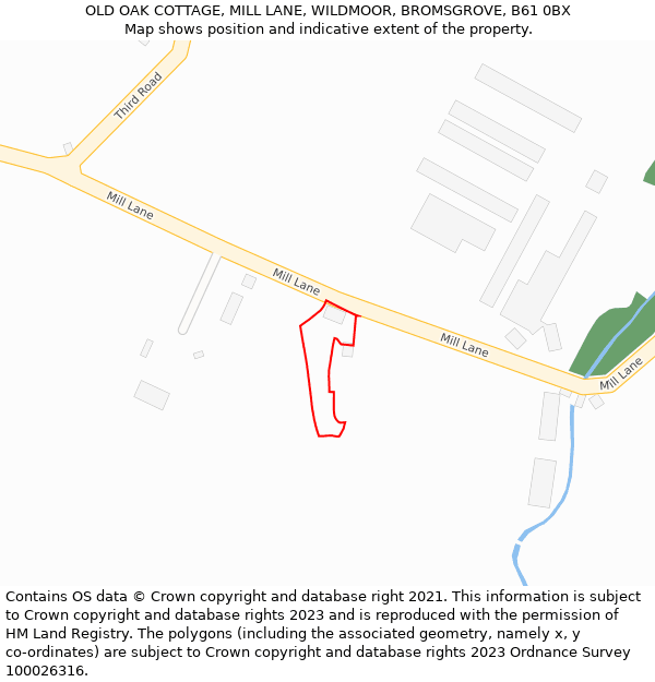 OLD OAK COTTAGE, MILL LANE, WILDMOOR, BROMSGROVE, B61 0BX: Location map and indicative extent of plot