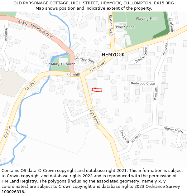 OLD PARSONAGE COTTAGE, HIGH STREET, HEMYOCK, CULLOMPTON, EX15 3RG: Location map and indicative extent of plot