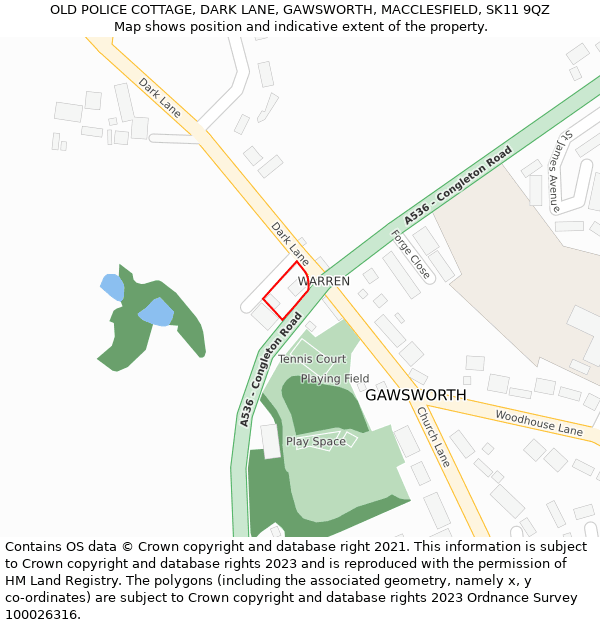 OLD POLICE COTTAGE, DARK LANE, GAWSWORTH, MACCLESFIELD, SK11 9QZ: Location map and indicative extent of plot