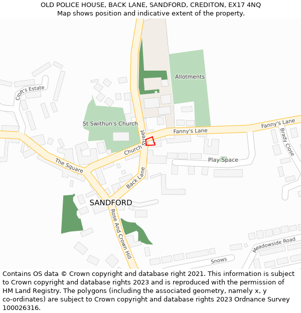 OLD POLICE HOUSE, BACK LANE, SANDFORD, CREDITON, EX17 4NQ: Location map and indicative extent of plot