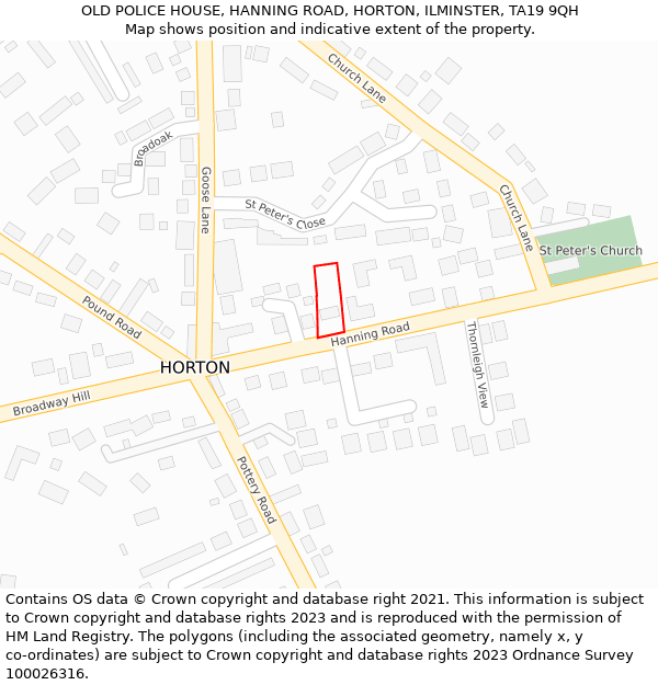 OLD POLICE HOUSE, HANNING ROAD, HORTON, ILMINSTER, TA19 9QH: Location map and indicative extent of plot