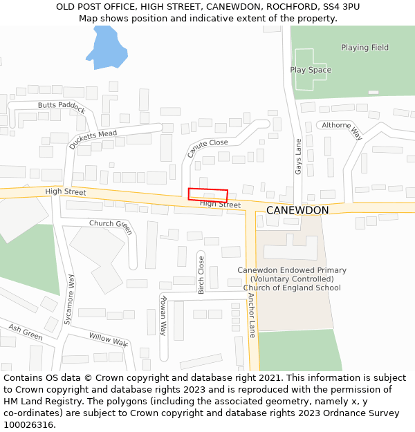 OLD POST OFFICE, HIGH STREET, CANEWDON, ROCHFORD, SS4 3PU: Location map and indicative extent of plot