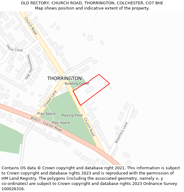 OLD RECTORY, CHURCH ROAD, THORRINGTON, COLCHESTER, CO7 8HE: Location map and indicative extent of plot