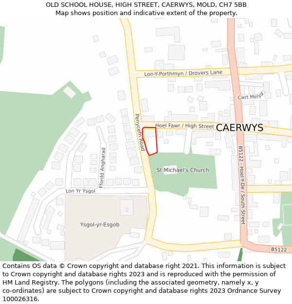 OLD SCHOOL HOUSE, HIGH STREET, CAERWYS, MOLD, CH7 5BB: Location map and indicative extent of plot