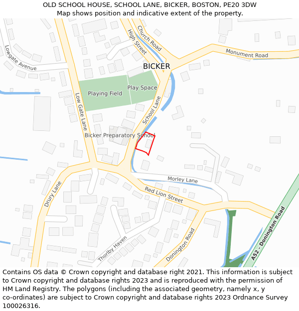 OLD SCHOOL HOUSE, SCHOOL LANE, BICKER, BOSTON, PE20 3DW: Location map and indicative extent of plot