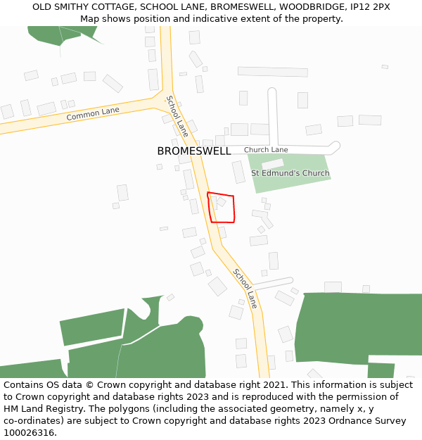 OLD SMITHY COTTAGE, SCHOOL LANE, BROMESWELL, WOODBRIDGE, IP12 2PX: Location map and indicative extent of plot