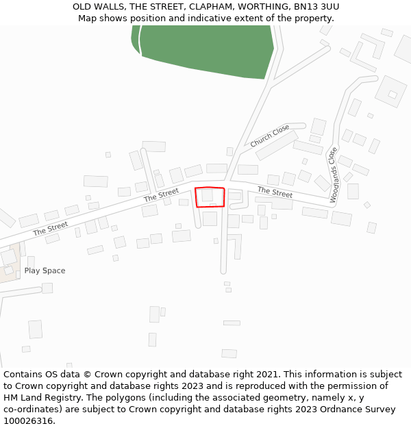 OLD WALLS, THE STREET, CLAPHAM, WORTHING, BN13 3UU: Location map and indicative extent of plot