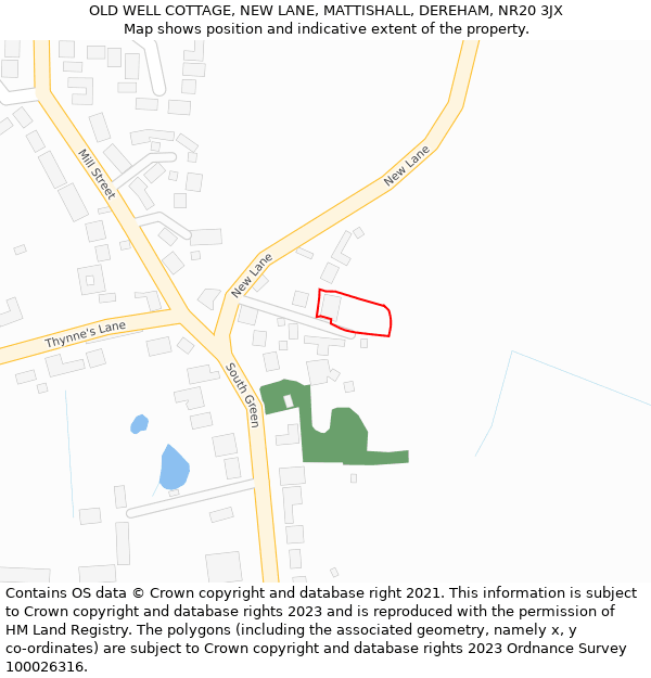 OLD WELL COTTAGE, NEW LANE, MATTISHALL, DEREHAM, NR20 3JX: Location map and indicative extent of plot
