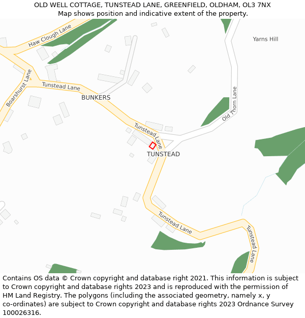 OLD WELL COTTAGE, TUNSTEAD LANE, GREENFIELD, OLDHAM, OL3 7NX: Location map and indicative extent of plot