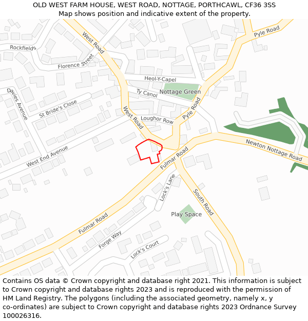 OLD WEST FARM HOUSE, WEST ROAD, NOTTAGE, PORTHCAWL, CF36 3SS: Location map and indicative extent of plot