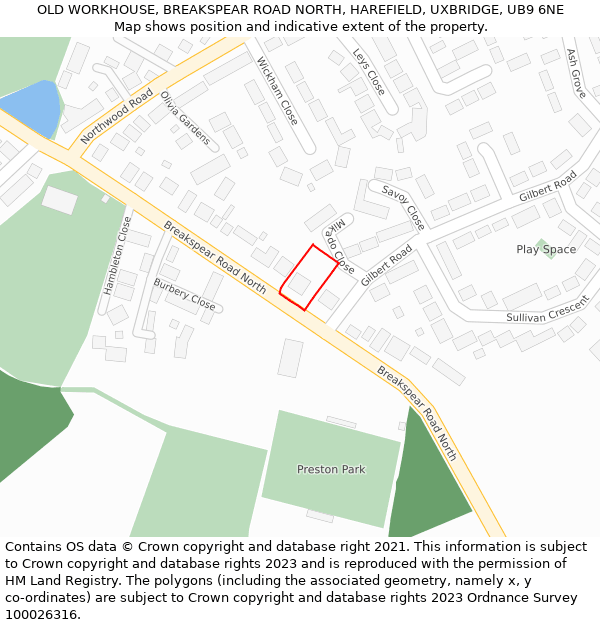 OLD WORKHOUSE, BREAKSPEAR ROAD NORTH, HAREFIELD, UXBRIDGE, UB9 6NE: Location map and indicative extent of plot