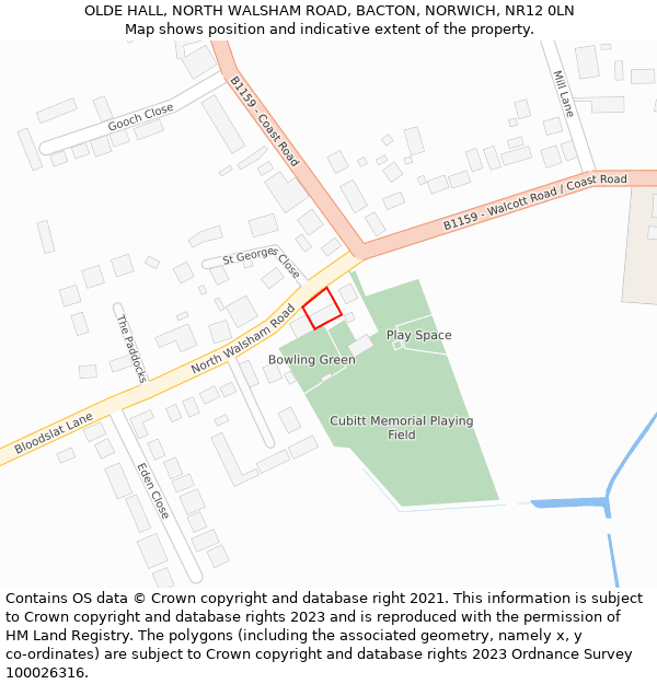 OLDE HALL, NORTH WALSHAM ROAD, BACTON, NORWICH, NR12 0LN: Location map and indicative extent of plot