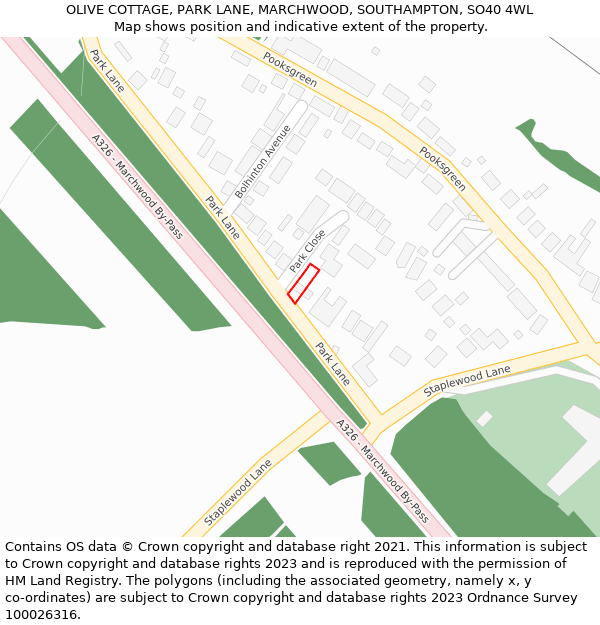 OLIVE COTTAGE, PARK LANE, MARCHWOOD, SOUTHAMPTON, SO40 4WL: Location map and indicative extent of plot