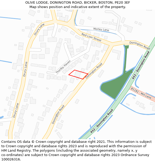 OLIVE LODGE, DONINGTON ROAD, BICKER, BOSTON, PE20 3EF: Location map and indicative extent of plot