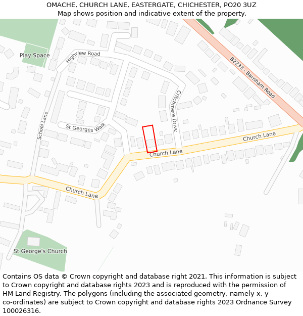 OMACHE, CHURCH LANE, EASTERGATE, CHICHESTER, PO20 3UZ: Location map and indicative extent of plot