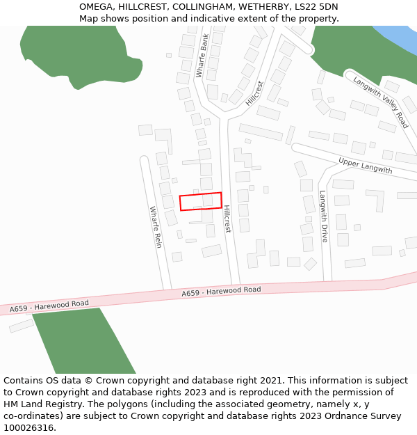 OMEGA, HILLCREST, COLLINGHAM, WETHERBY, LS22 5DN: Location map and indicative extent of plot
