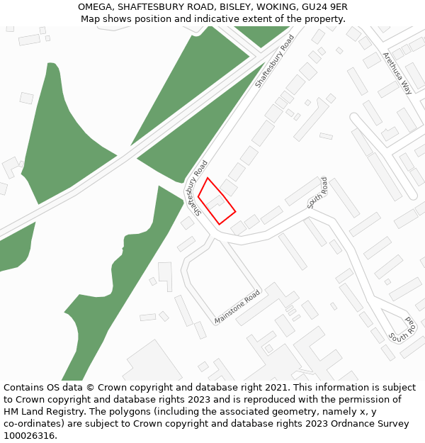 OMEGA, SHAFTESBURY ROAD, BISLEY, WOKING, GU24 9ER: Location map and indicative extent of plot