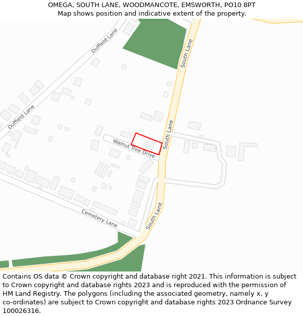 OMEGA, SOUTH LANE, WOODMANCOTE, EMSWORTH, PO10 8PT: Location map and indicative extent of plot