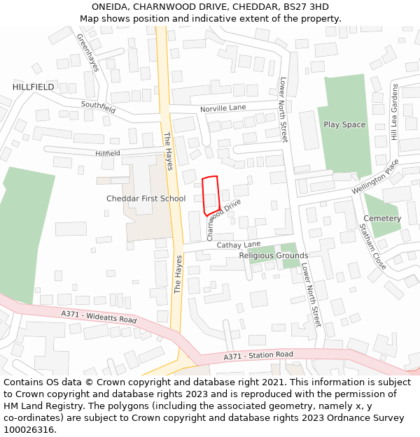 ONEIDA, CHARNWOOD DRIVE, CHEDDAR, BS27 3HD: Location map and indicative extent of plot