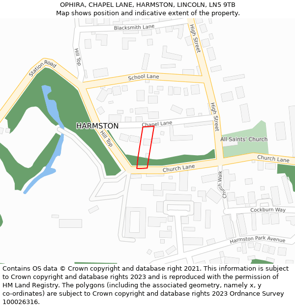 OPHIRA, CHAPEL LANE, HARMSTON, LINCOLN, LN5 9TB: Location map and indicative extent of plot