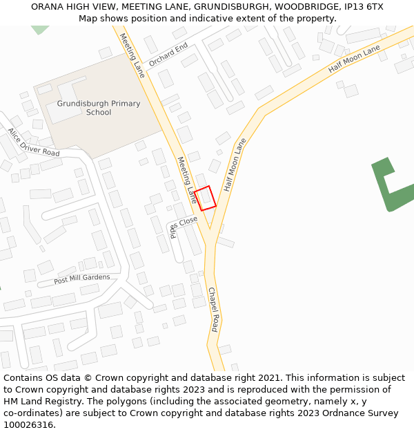 ORANA HIGH VIEW, MEETING LANE, GRUNDISBURGH, WOODBRIDGE, IP13 6TX: Location map and indicative extent of plot