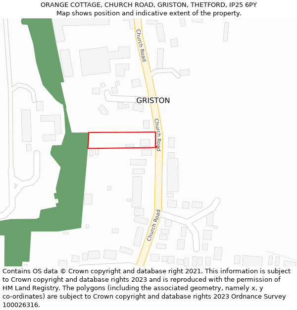 ORANGE COTTAGE, CHURCH ROAD, GRISTON, THETFORD, IP25 6PY: Location map and indicative extent of plot