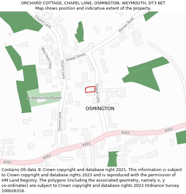 ORCHARD COTTAGE, CHAPEL LANE, OSMINGTON, WEYMOUTH, DT3 6ET: Location map and indicative extent of plot