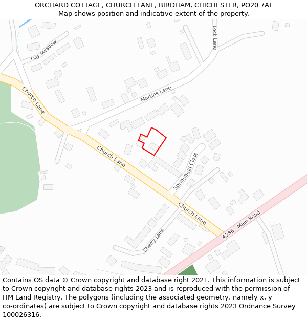 ORCHARD COTTAGE, CHURCH LANE, BIRDHAM, CHICHESTER, PO20 7AT: Location map and indicative extent of plot