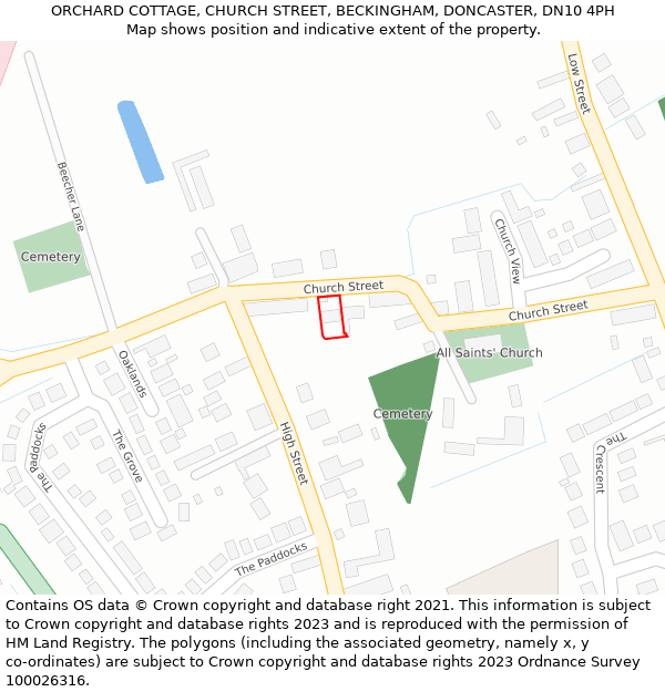 ORCHARD COTTAGE, CHURCH STREET, BECKINGHAM, DONCASTER, DN10 4PH: Location map and indicative extent of plot