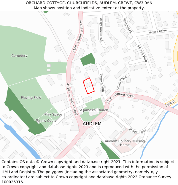 ORCHARD COTTAGE, CHURCHFIELDS, AUDLEM, CREWE, CW3 0AN: Location map and indicative extent of plot