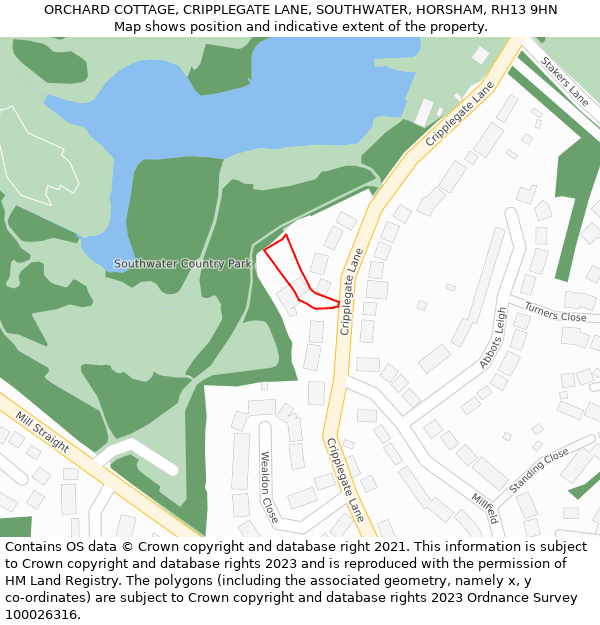 ORCHARD COTTAGE, CRIPPLEGATE LANE, SOUTHWATER, HORSHAM, RH13 9HN: Location map and indicative extent of plot