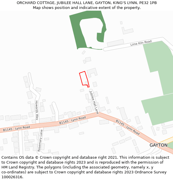 ORCHARD COTTAGE, JUBILEE HALL LANE, GAYTON, KING'S LYNN, PE32 1PB: Location map and indicative extent of plot