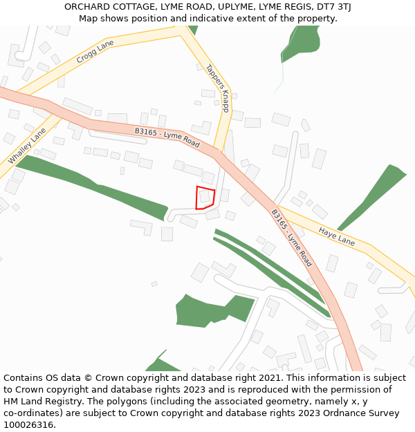 ORCHARD COTTAGE, LYME ROAD, UPLYME, LYME REGIS, DT7 3TJ: Location map and indicative extent of plot