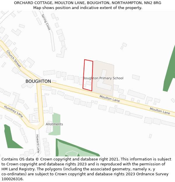 ORCHARD COTTAGE, MOULTON LANE, BOUGHTON, NORTHAMPTON, NN2 8RG: Location map and indicative extent of plot