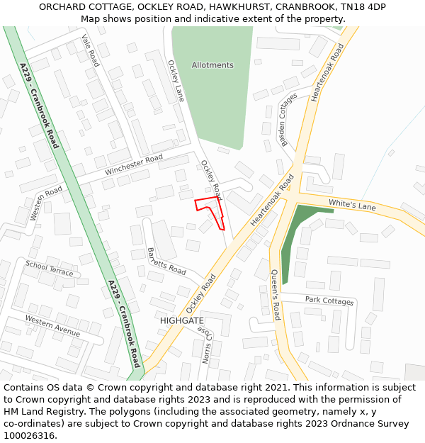 ORCHARD COTTAGE, OCKLEY ROAD, HAWKHURST, CRANBROOK, TN18 4DP: Location map and indicative extent of plot