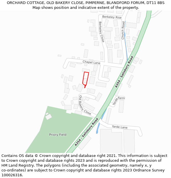 ORCHARD COTTAGE, OLD BAKERY CLOSE, PIMPERNE, BLANDFORD FORUM, DT11 8BS: Location map and indicative extent of plot