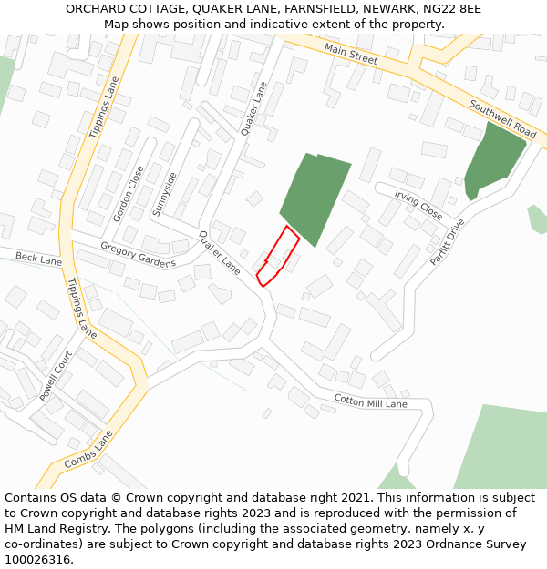 ORCHARD COTTAGE, QUAKER LANE, FARNSFIELD, NEWARK, NG22 8EE: Location map and indicative extent of plot