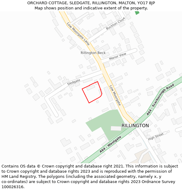 ORCHARD COTTAGE, SLEDGATE, RILLINGTON, MALTON, YO17 8JP: Location map and indicative extent of plot