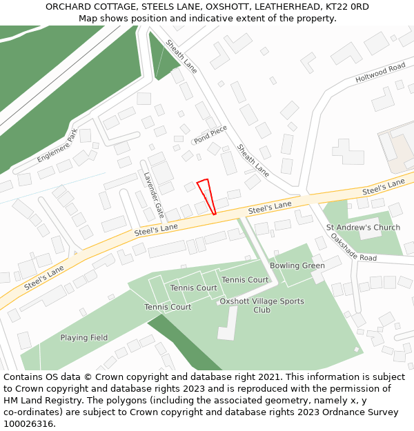 ORCHARD COTTAGE, STEELS LANE, OXSHOTT, LEATHERHEAD, KT22 0RD: Location map and indicative extent of plot