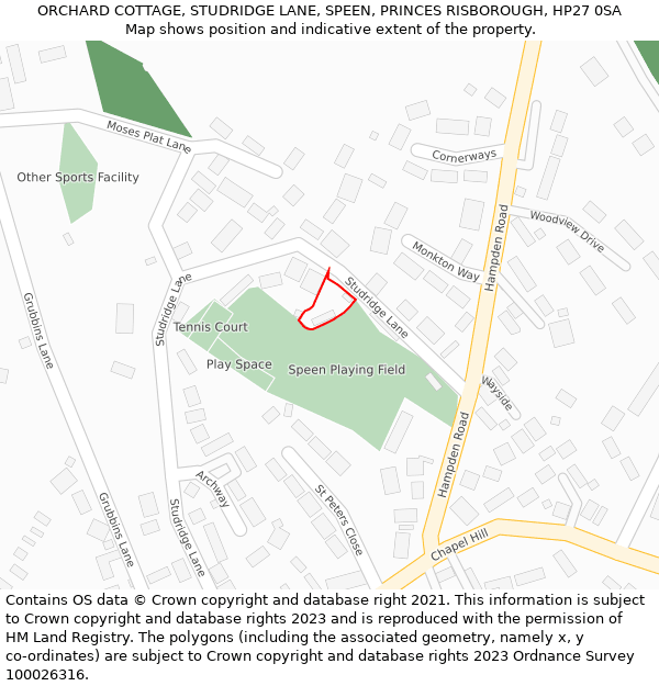 ORCHARD COTTAGE, STUDRIDGE LANE, SPEEN, PRINCES RISBOROUGH, HP27 0SA: Location map and indicative extent of plot