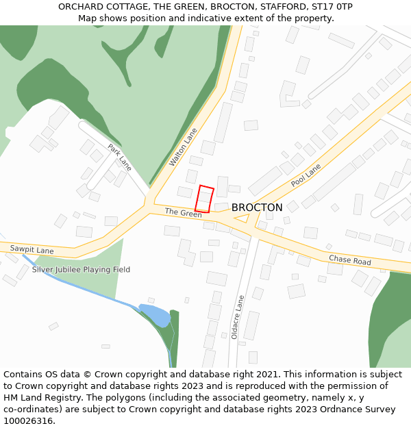 ORCHARD COTTAGE, THE GREEN, BROCTON, STAFFORD, ST17 0TP: Location map and indicative extent of plot