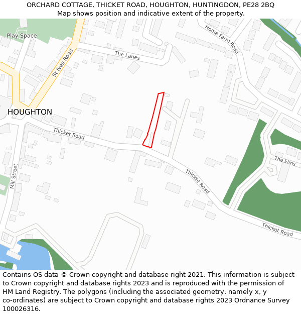 ORCHARD COTTAGE, THICKET ROAD, HOUGHTON, HUNTINGDON, PE28 2BQ: Location map and indicative extent of plot