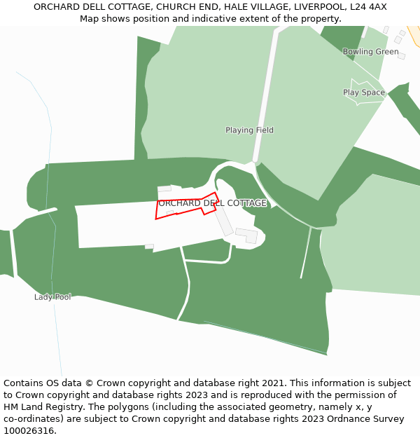 ORCHARD DELL COTTAGE, CHURCH END, HALE VILLAGE, LIVERPOOL, L24 4AX: Location map and indicative extent of plot