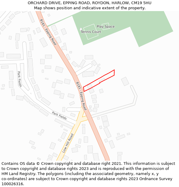 ORCHARD DRIVE, EPPING ROAD, ROYDON, HARLOW, CM19 5HU: Location map and indicative extent of plot