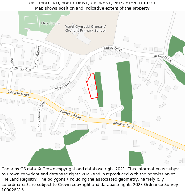 ORCHARD END, ABBEY DRIVE, GRONANT, PRESTATYN, LL19 9TE: Location map and indicative extent of plot