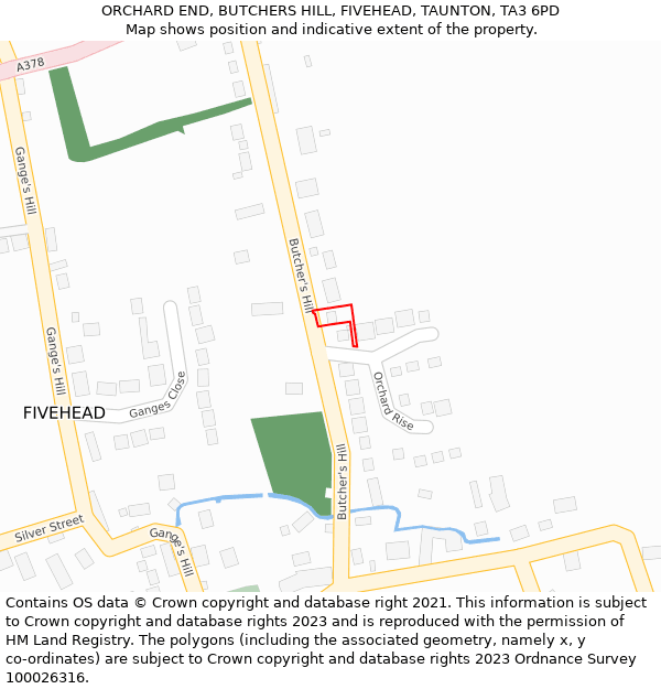 ORCHARD END, BUTCHERS HILL, FIVEHEAD, TAUNTON, TA3 6PD: Location map and indicative extent of plot