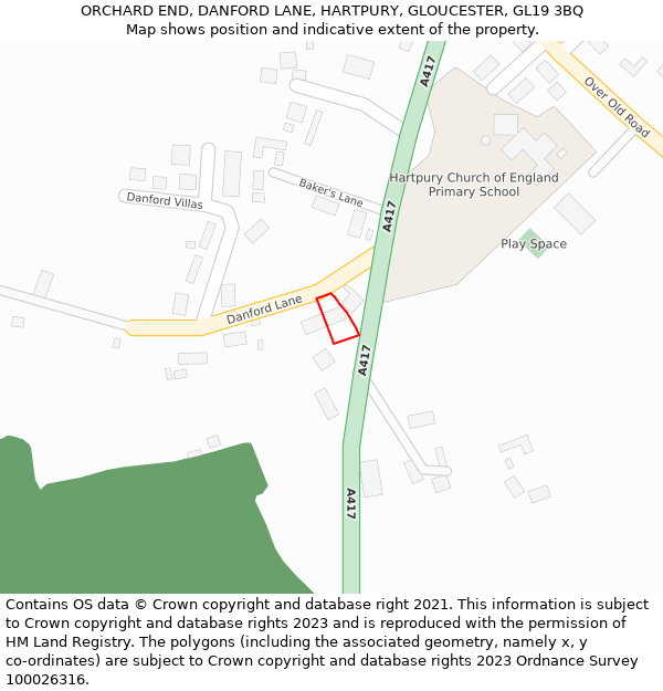 ORCHARD END, DANFORD LANE, HARTPURY, GLOUCESTER, GL19 3BQ: Location map and indicative extent of plot