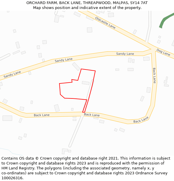 ORCHARD FARM, BACK LANE, THREAPWOOD, MALPAS, SY14 7AT: Location map and indicative extent of plot