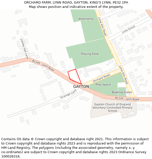 ORCHARD FARM, LYNN ROAD, GAYTON, KING'S LYNN, PE32 1PA: Location map and indicative extent of plot